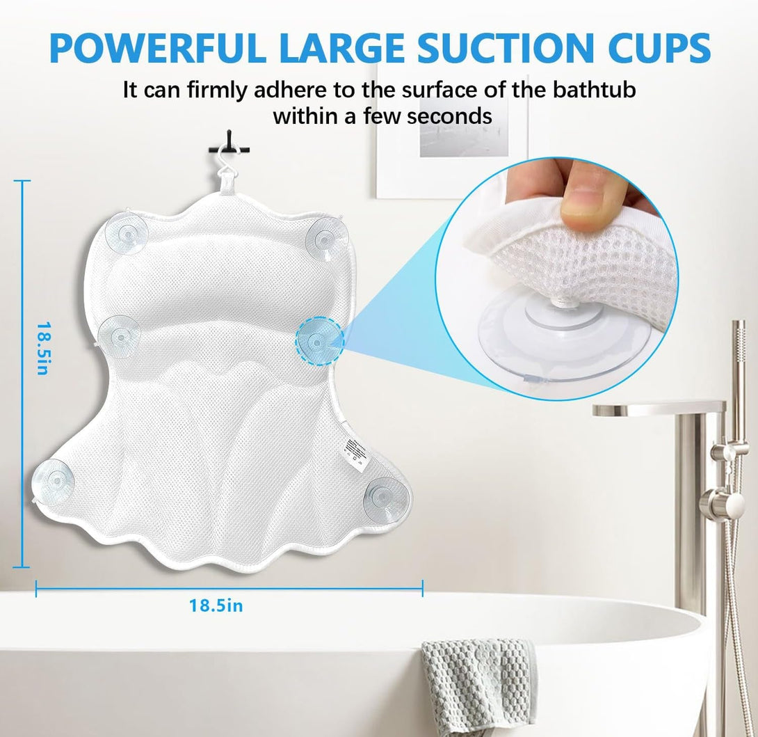 REEZEIVI Bath Pillows for Tub,Bath Pillow with 6 Non-Slip Suction Cups,Soft 4D Mesh Fabric,Bathtub Pillows for Tub Neck and Back Support,Extra Thick Luxury Bathtub Pillows,White