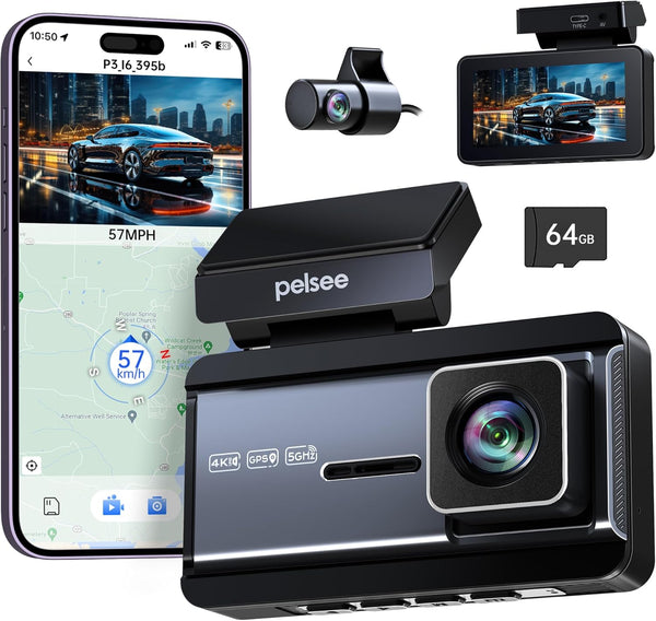Pelsee P3 4K Dash Cam Front and Rear, 64GB SD Card, 4K+1080P Dual Dash Camera for Cars with Wi-Fi, GPS, ADAS, BSD, LCA, 3’’ IPS Display Car Camera, APP & Voice Control, Night Vision, 24H Parking Mode