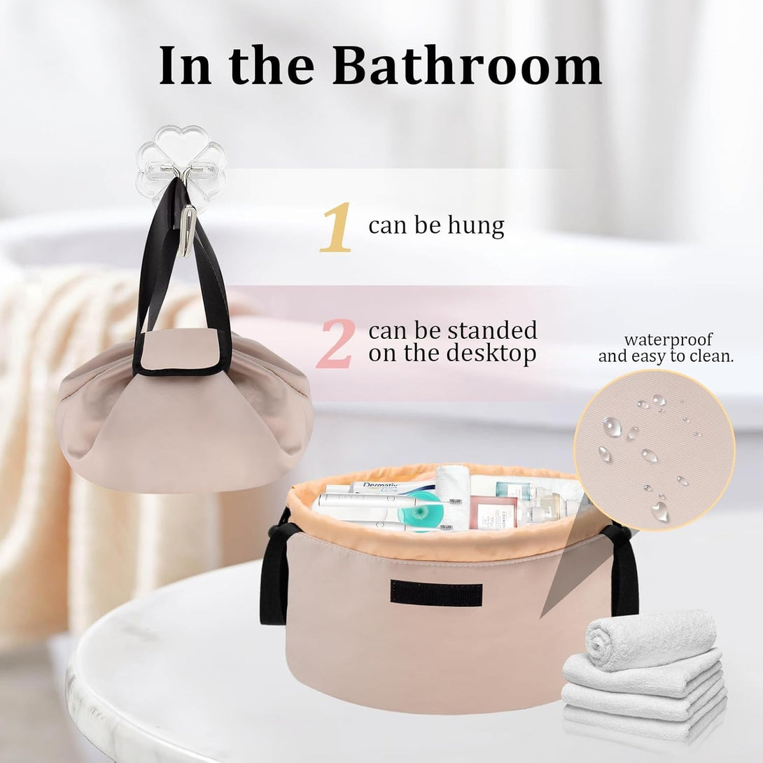 Barrel Drawstring Makeup Bag Large Travel Makeup Bag,Portable Large Capacity Cosmetic Bag Toiletry Organizer for Travel Accessories Make up Essentials and Hair Product,Gifts (Khaki)