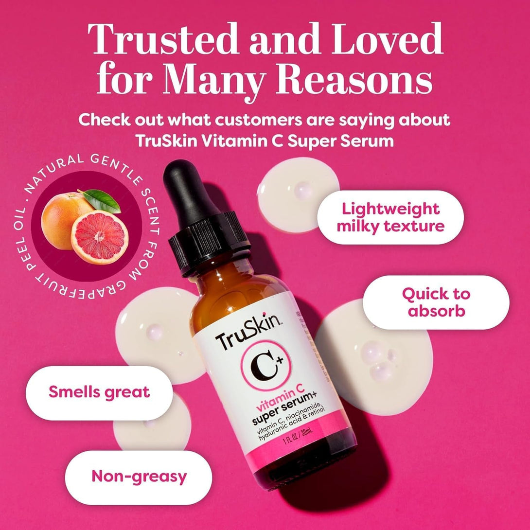 Truskin Vitamin C Super Serum - Niacinamide, Retinol, Hyaluronic & Salicylic Acid - All-In-One anti Aging Serum for Face – Improve Appearance of Dark Spots, Firmness for Brighter Looking Skin, 2 Fl Oz