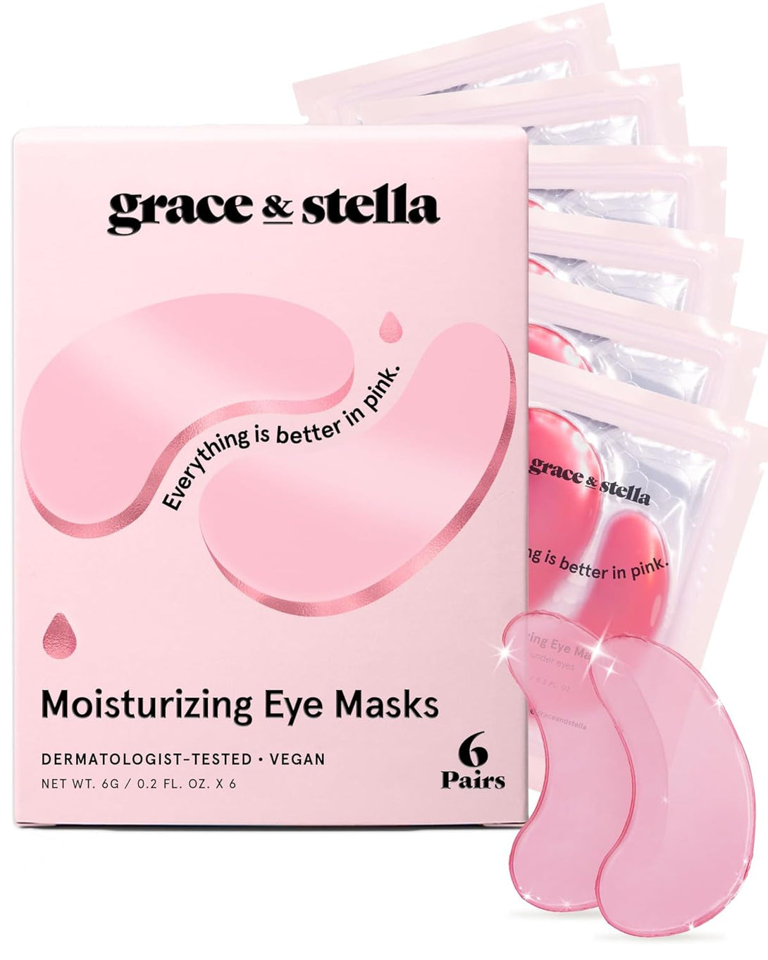 Grace & Stella Award Winning under Eye Mask - Reduce Dark Circles, Puffy Eyes, Undereye Bags, Wrinkles - Gel under Eye Patches - Gifts for Mom - Vegan Cruelty-Free Self Care (Pink, 6 Pairs)