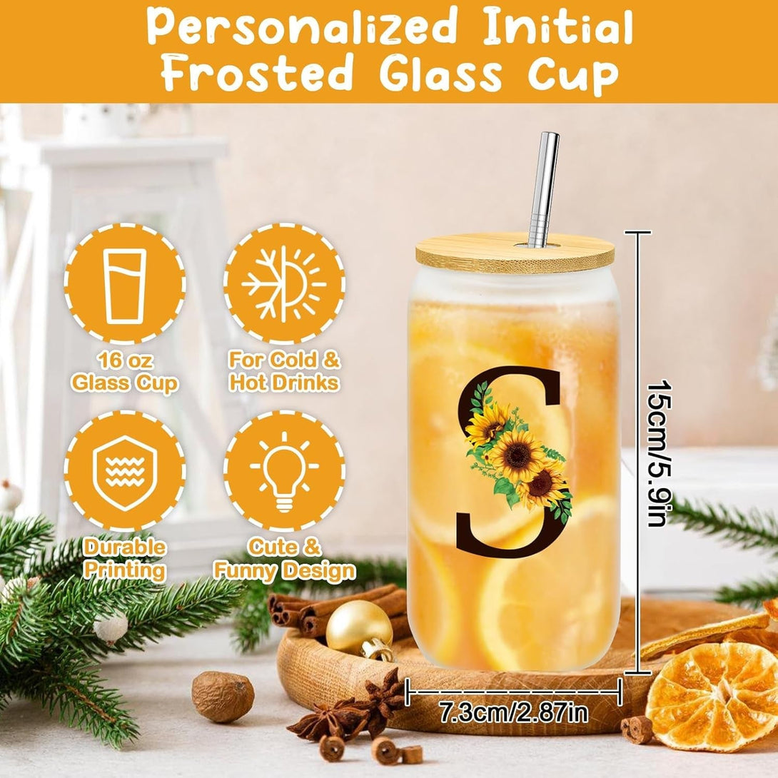 Sunflower Personalized Gifts for Women,12Pcs Sunflower Initial Gifts,Initial Glass Cup,Monogrammed Gifts for Women,Birthday Gifts for Women,Sunshine Get Well Gifts for Women,Mom-A-S