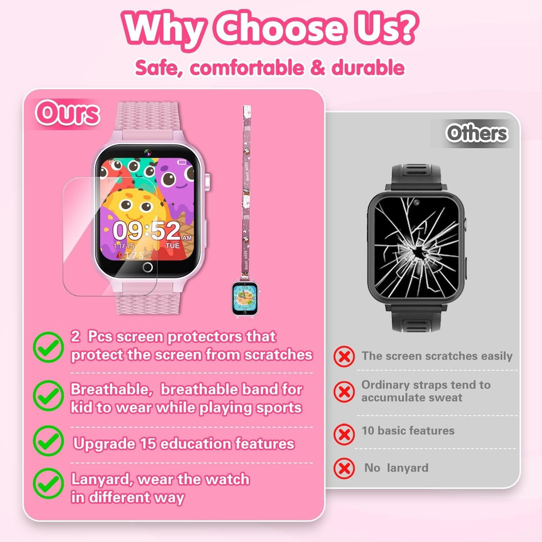 Smart Watch for Kids Girl Gift Ages 3-12, 2 Screen Protector, 26 Puzzle Games, HD Camera Video Music Player Touchscreen Pedometer, Educationtal Toy Brithday Gifts for Girl Ages 4 5 6 7 8 9 10(Pink)