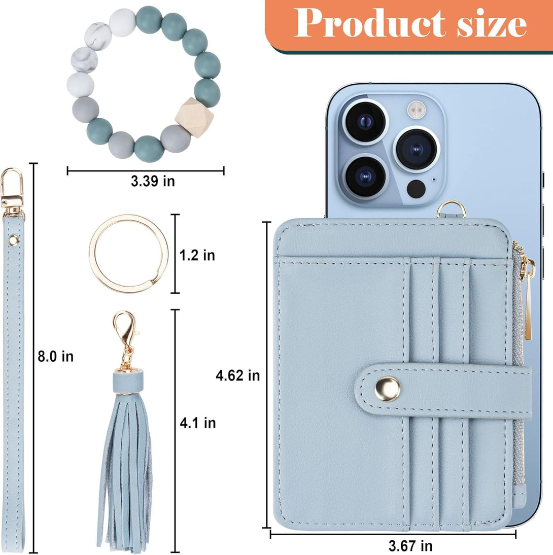 Keychain Wallet with Bracelet RFID Blocking Wristlet Credit Purse Card Holder, Silicone Bead Tassel Key Ring for Women