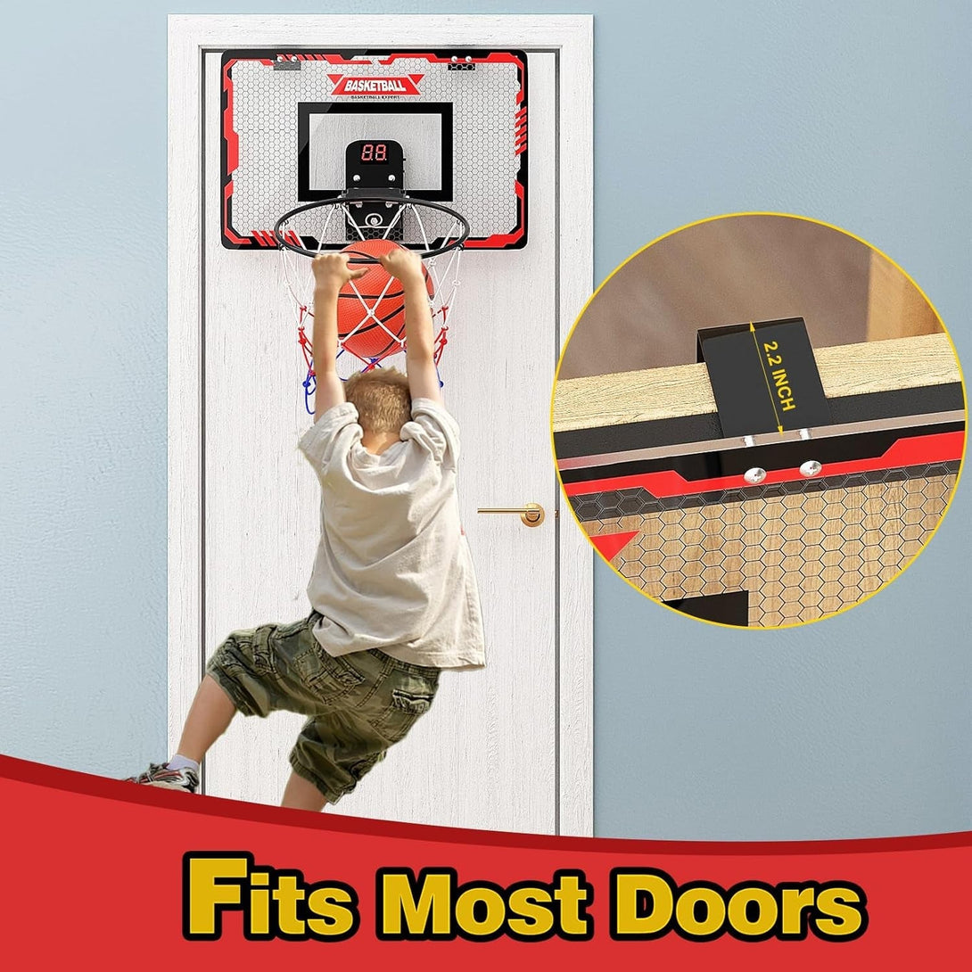 Basketball Hoop Indoor, over the Door Basketball Hoop with Electronic Scoreboard, Mini Basketball Hoop for Bedroom Office Wall, Basketball Toys Gifts for Boys Teens Adults 3 4 5 6 7 8 9 10 11
