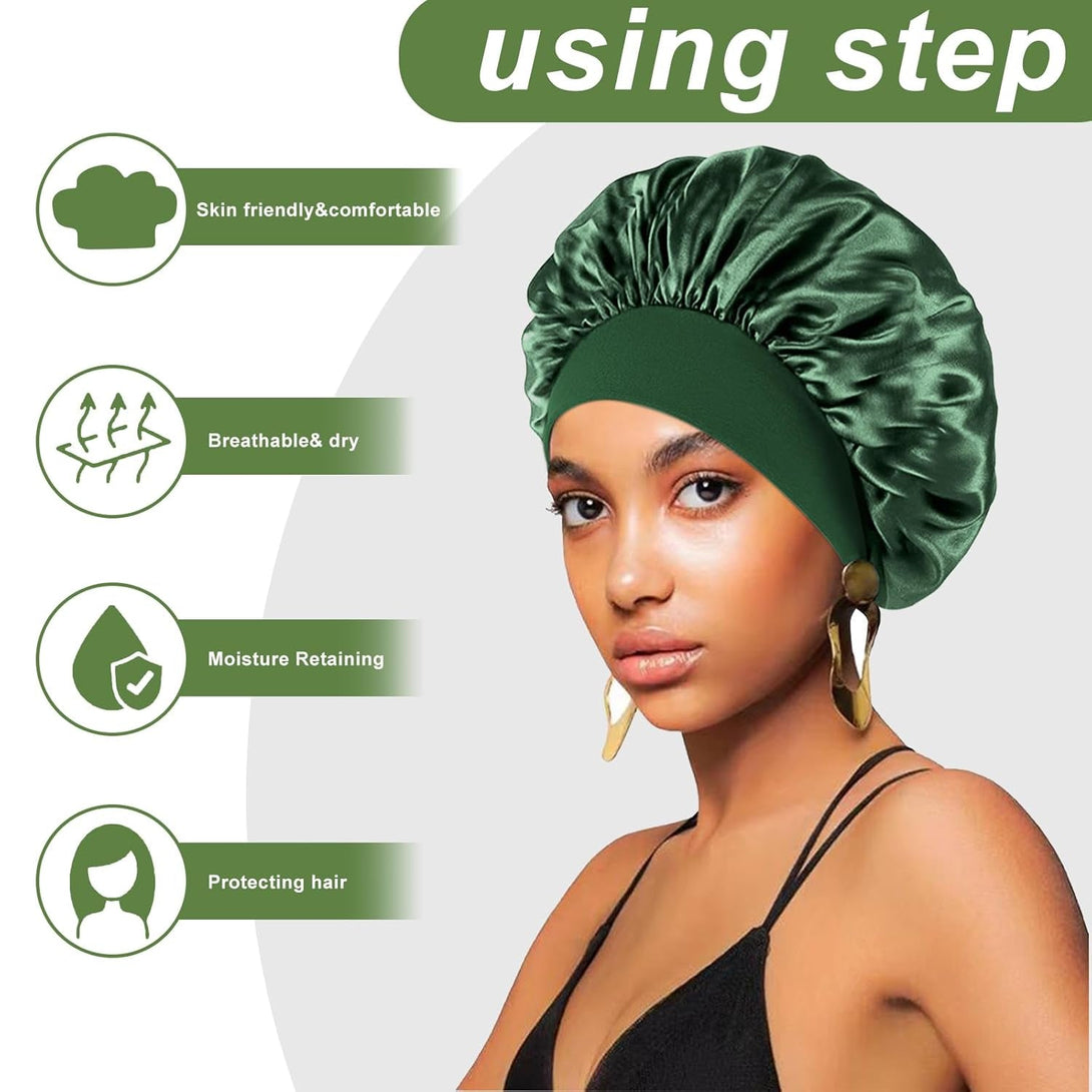 4PCS Silk Bonnet for Sleeping - Hair Satin Bonnets for Black Women Men,Wrap Cap for Curly Hair,Elastic Wide Band Bonnet Shower Cap for Sleeping (Purple & Pink & Pale Green & Black)