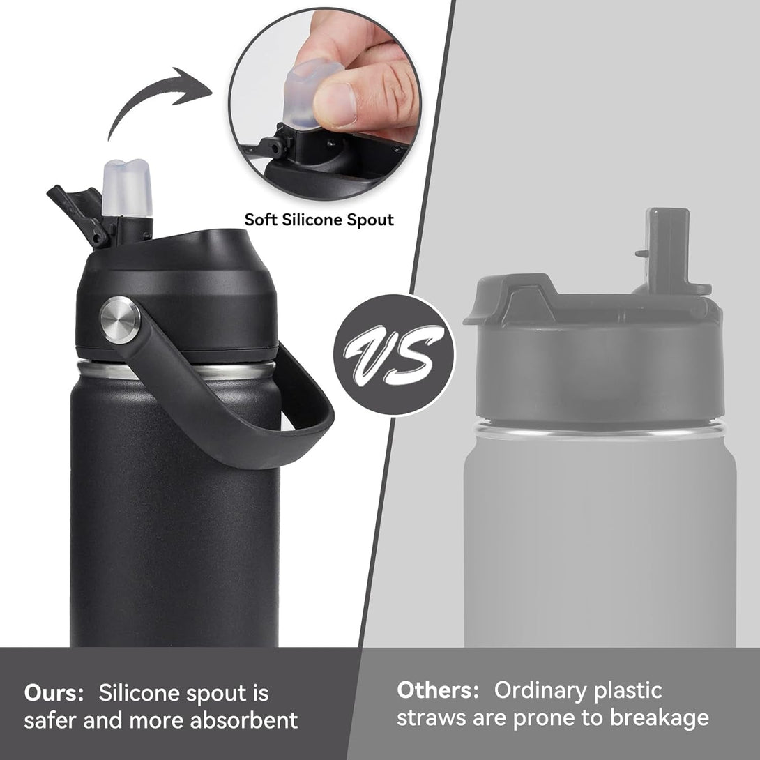 24Oz Insulated Stainless Steel Water Bottle, Wide Mouth Double Wall Vacuum, Silicone Straw, Sweat & Leak Proof, BPA Free Insulated Water Flask for Travel, Keep Cold 24H Hot 12H, Black