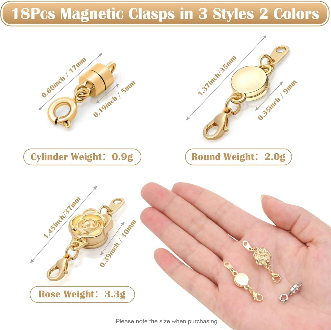 18 Pcs 3 Styles Magnetic Necklace Clasps and Closures, Rose round Cylindrical Jewelry Magnetic Clasp Connector Locking Magnetic Clasp Bracelet Extender for Jewelry Making (Gold, Silver)