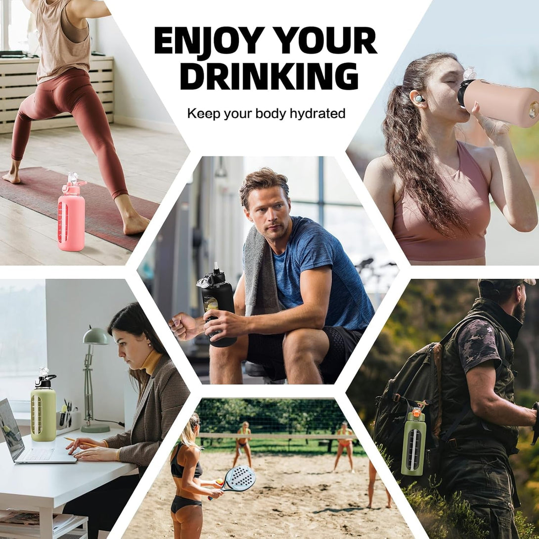 32 Oz Glass Water Bolttles with Straw Large Motivational Water Bottle with Time Marker Sports Water Bottles with Silicone Sleeve and Handle Lid Water Jug for Gym Workout