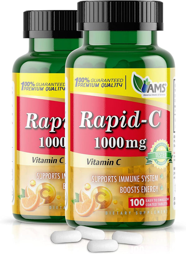 America Medic & Science Rapid-C 1000Mg Vitamin C Supplement (2 Pack of 100 Tablets) Energy Booster, Daily Immune System Support, Antioxidant | Vegan, Non-Gmo Coated Ascorbic Acid for Adult Men & Women