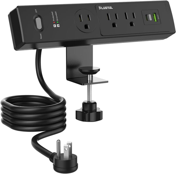 Desk Clamp Power Strip 6FT, Outlet Station with 3 Outlets, PD 20W Fast Charging, Flat Plug, 14 Gauge, 980J Surge Protector, Black Power Strip with USB C, Fit 1.72" Tabletop Edge