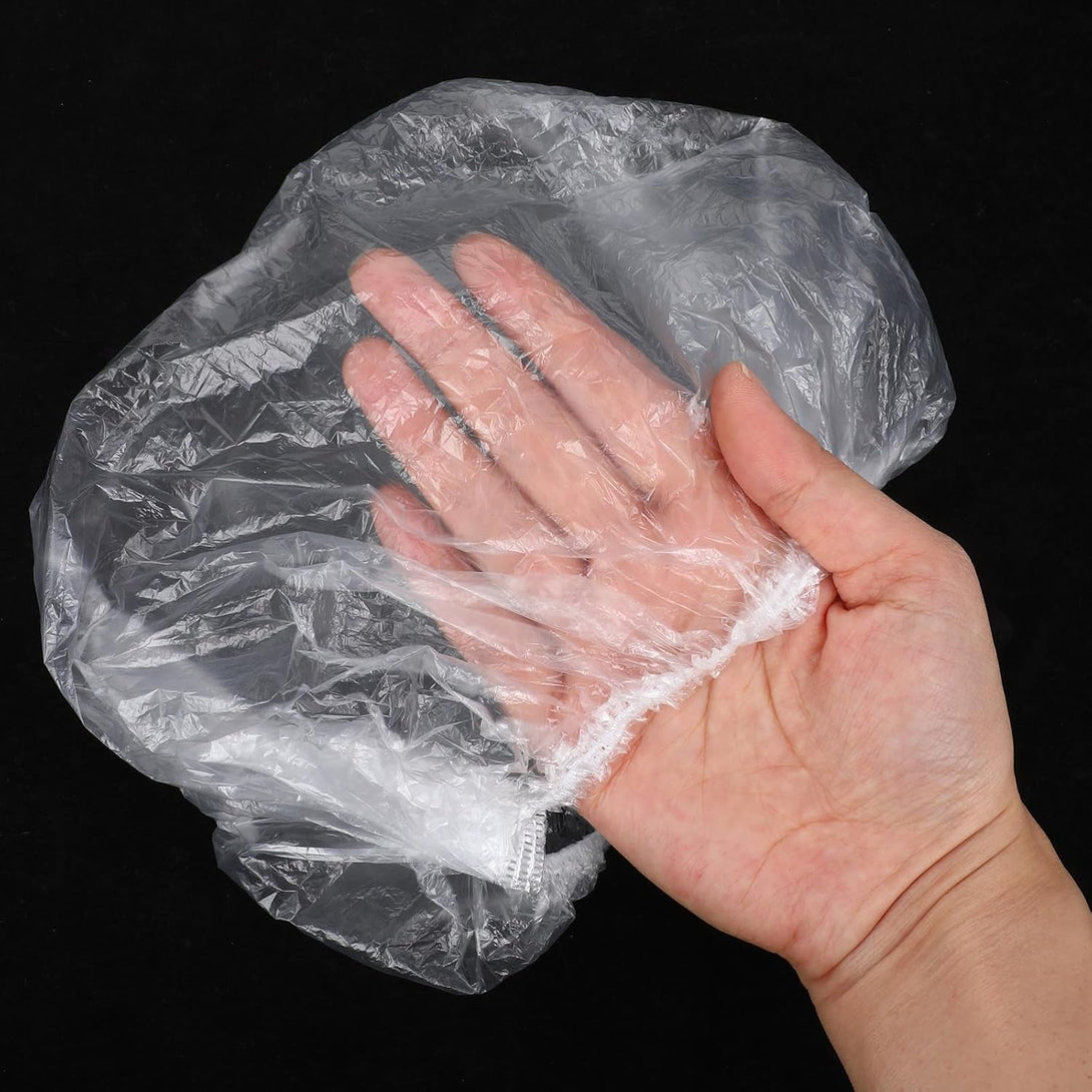 100PCS Disposable Shower Caps, Bath Caps Larger Thick Clear Waterproof Plastic Elastic Hair Shower Cap Treatment Hotel Travel Essentials Accessories for Women Deep Conditioning Hair Care