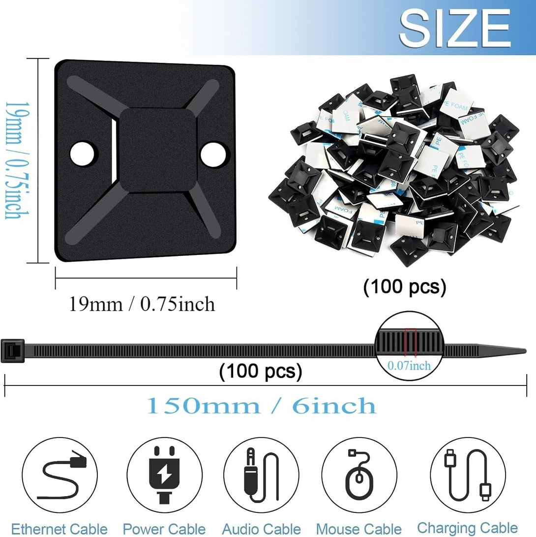 Black Cable Tie Zip Self Adhesive Mounts Set, Cable Base Holders with Multi-Purpose Sticky Pads 100 Set