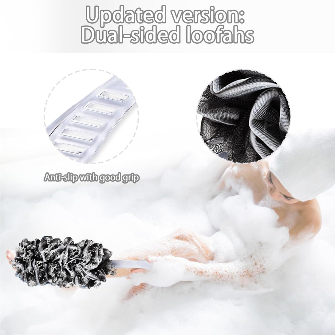 2Pack Back Scrubber for Shower, Dual-Sided Loofah on a Stick as Shower Brush Exfoliating Body with Long Handle, Loofah Sponge Mens Loofah Bathing Accessories for Women (2Pack Black)