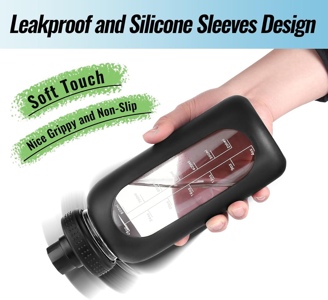 64 Oz Glass Water Bottle with Straw and Handle, Half Gallon Sports Motivational Water Jug Flask with Silicone Sleeve, Large Water Cup with Time Marker for Travel, Gym, Black