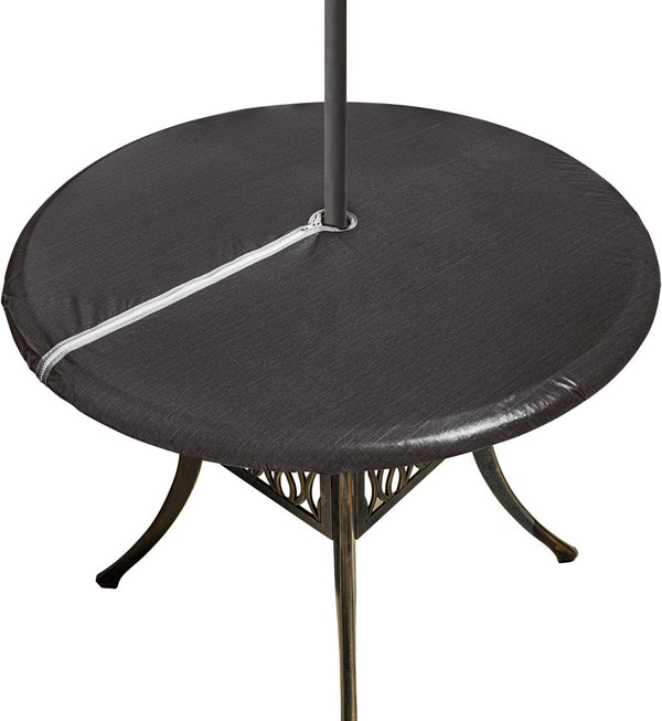 Round Fitted Vinyl Table Cloth Outdoor Tablecloth with Zipper and Umbrella Hole 100% Waterproof Wipe Clean PVC Table Cover for Party, Picnic and Patio, 40" - 44", Black