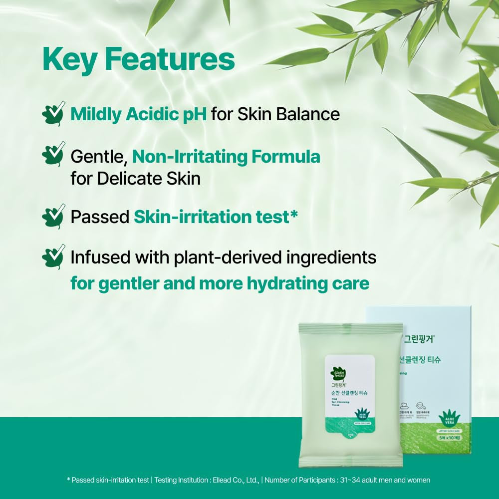 GREEN FINGER Mild Sun Cleansing Tissue 30 Count (6 Packs of 5), Gentle Baby Wipes for Sensitive Skin, Removes Sunscreen Easily, Natural Organic Makeup Remover Wipes with Aloe Vera, Korean Skincare