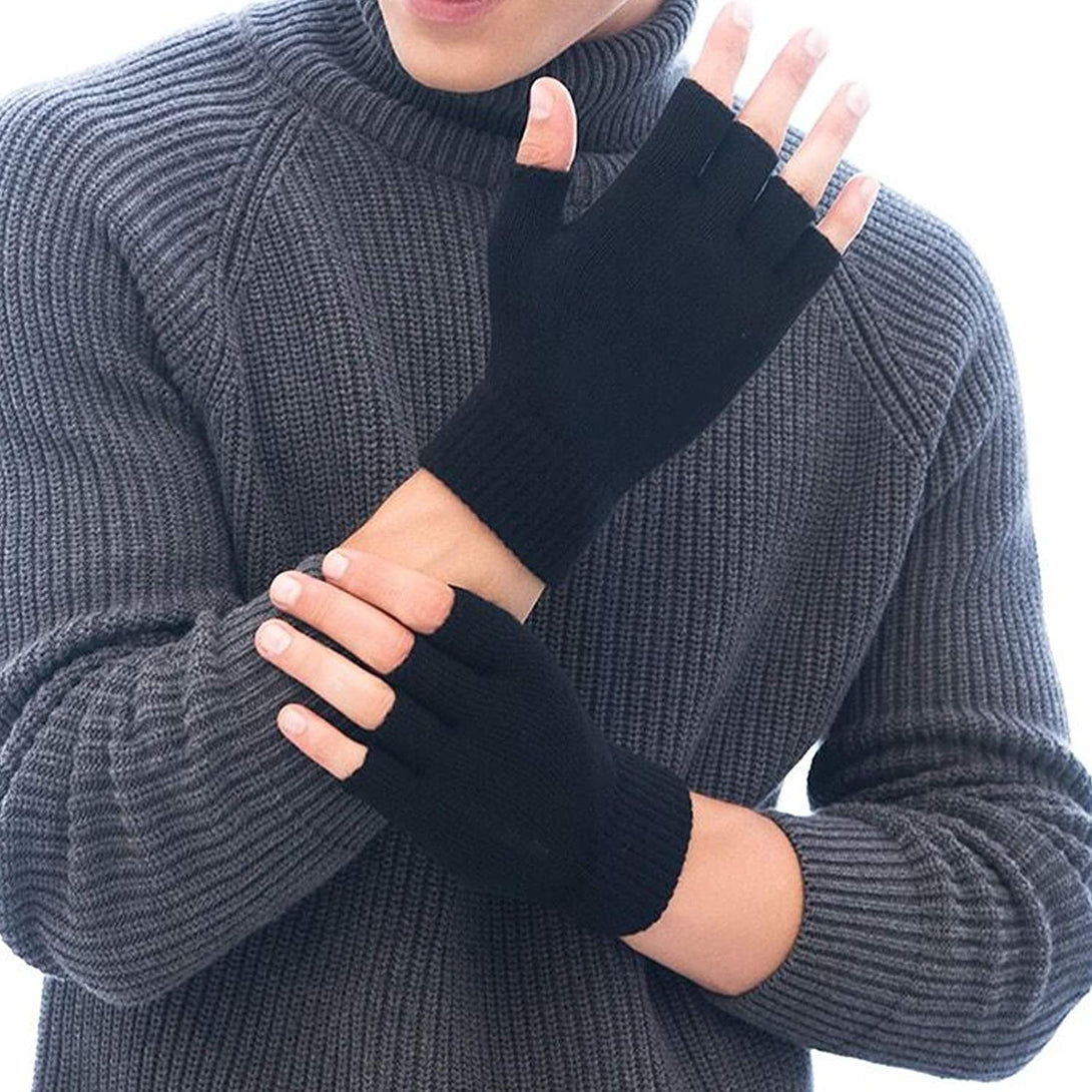 2 Pair Half Finger Gloves Winter Knit Touchscreen Warm Stretchy Mittens Fingerless Gloves in Common Size for Men and Women,Black