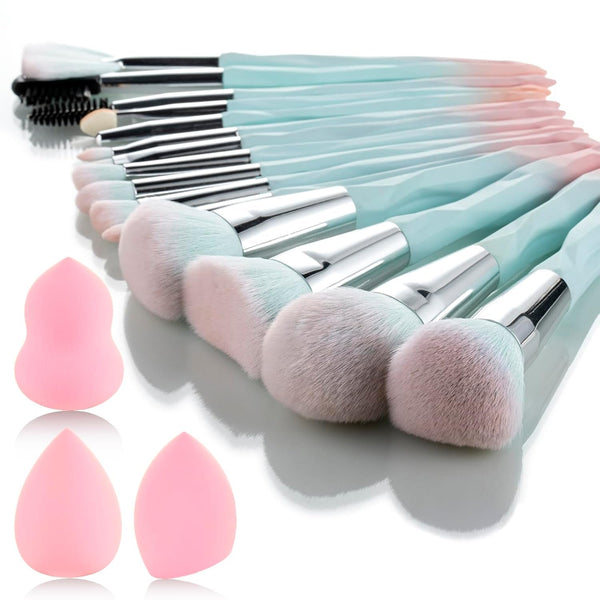 111 Pink Blue Gradient Makeup Brushes and Makeup Sponges Set 18Pcs/Set ï¼ŒSoft Synthetic Fiber Makeup Brush Setï¼ŒSuitable for Beginners/Makeup Artists, Valentine'S Day, Christmas Gifts