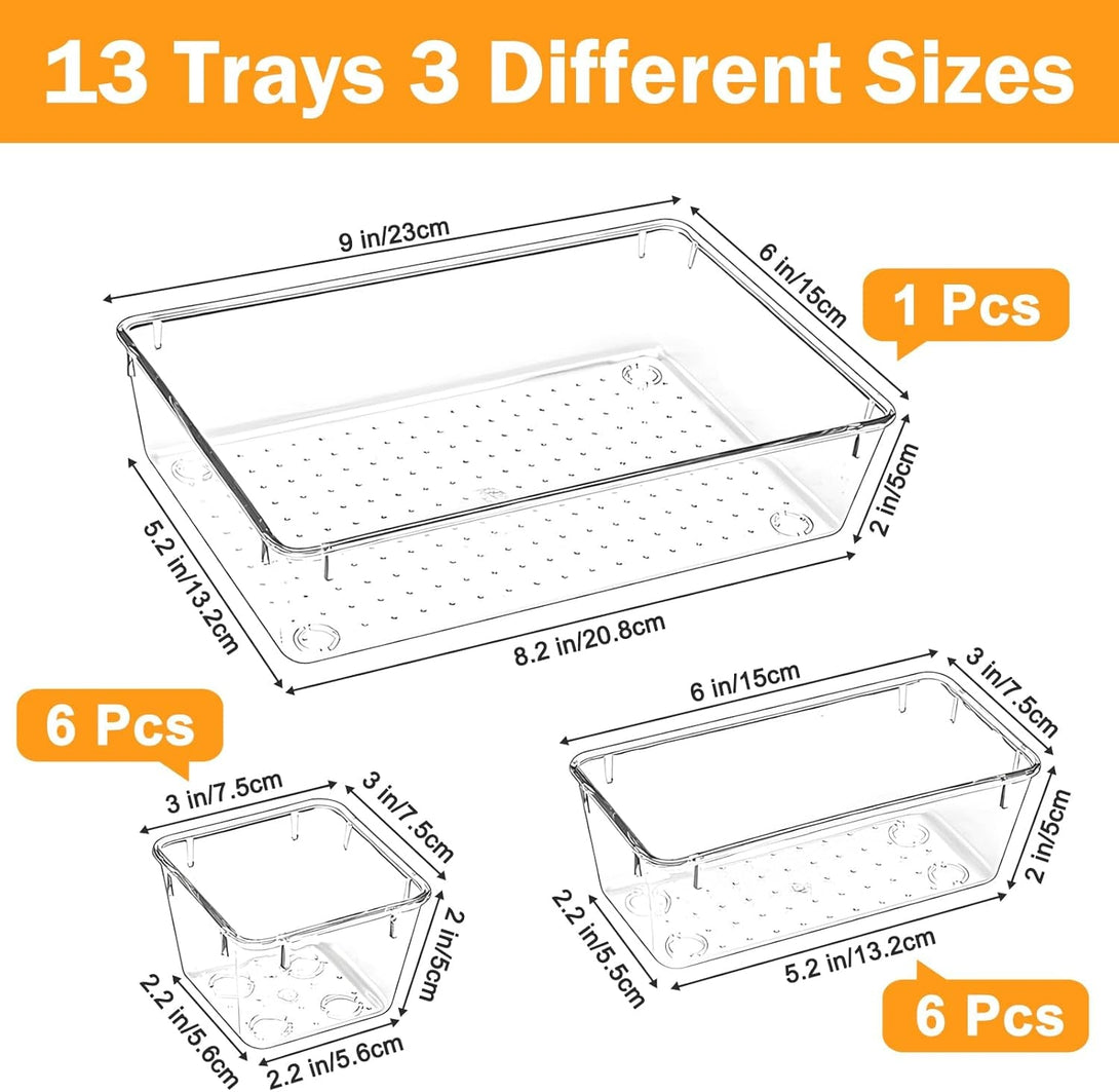 13-Piece Clear Plastic Drawer Organizers: 3 Sizes, Stackable, Anti-Slip, Multi-Function, 2-Year Warranty