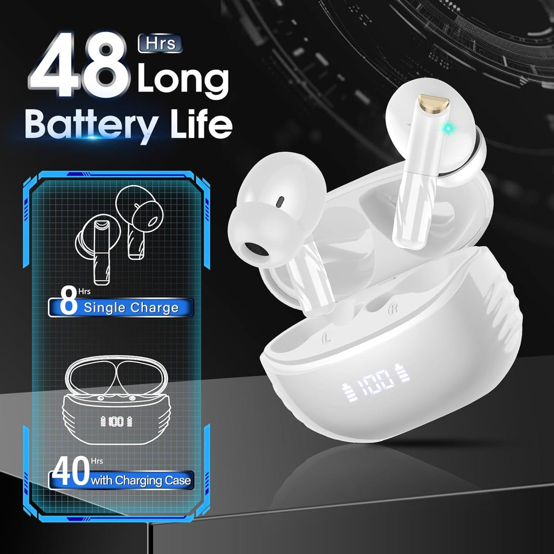 Wireless Earbuds Bluetooth 5.4 in Ear Light-Weight Headphones Built-In MIC, 48H Playback Hifi Stereo Bass Earphones, IPX7 Waterproof Ear Buds with Digital Display Charging Case, Touch Control, White