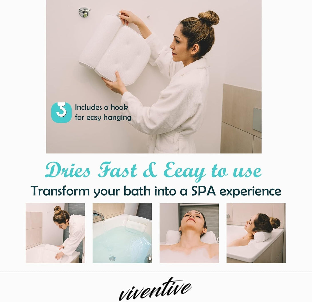 Luxury Bath Pillow for Tub - Non-Slip and Extra-Thick, Head, Neck, Shoulder and Back Support. Soft and Large Comfort Bathtub Pillow Cushion Headrest for Relaxation - Fits Any Tub Made of 3D Mesh