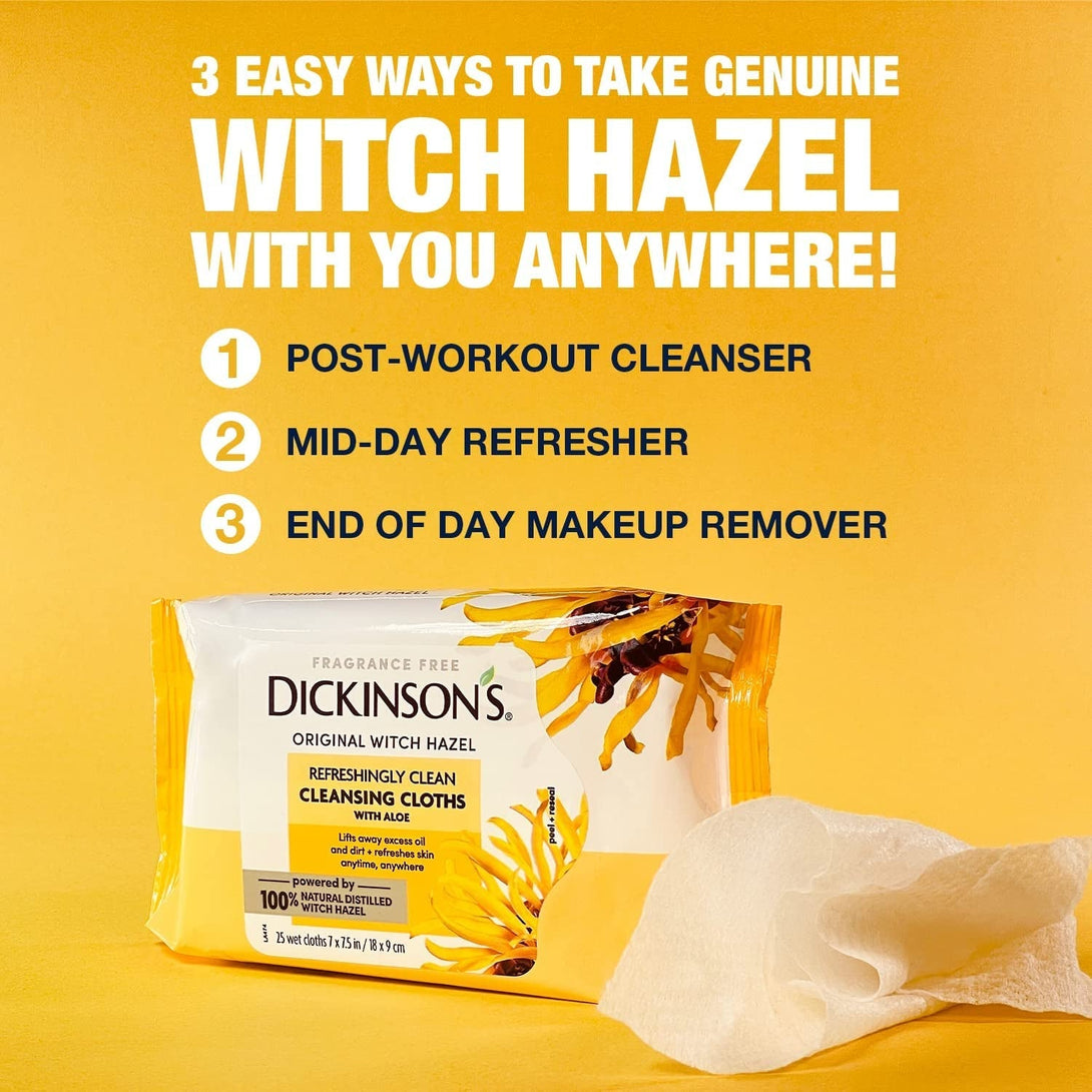 Dickinson'S Original Witch Hazel Refreshingly Clean Cleansing Cloths with Aloe, 4 Pack, 25 Cloths per Pack