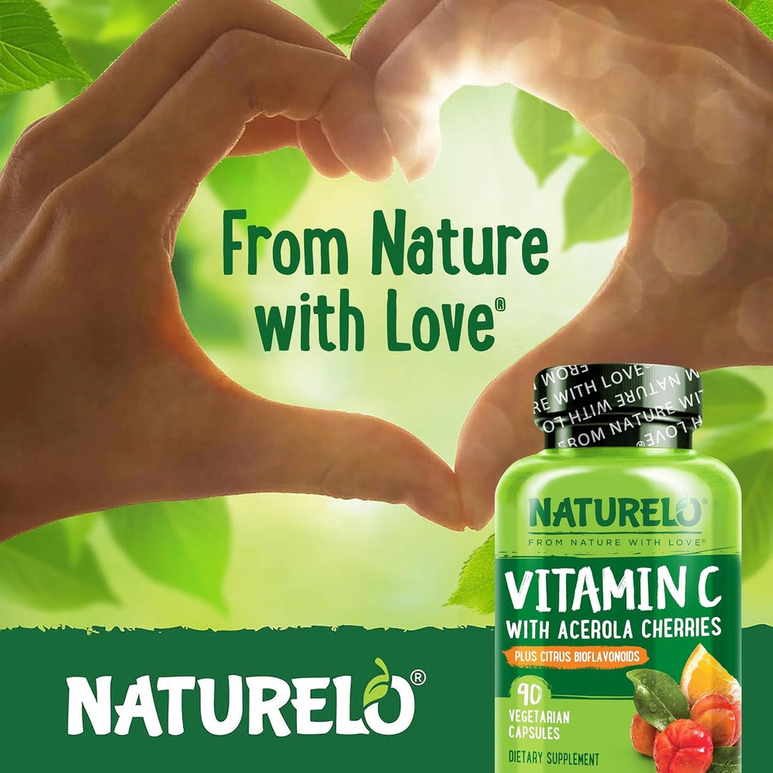 NATURELO Vitamin C with Organic Acerola Cherry Extract and Citrus Bioflavonoids - Vegan Supplement - Immune Support - 500 Mg VIT C per Cap - Non-Gmo - 90 Capsules