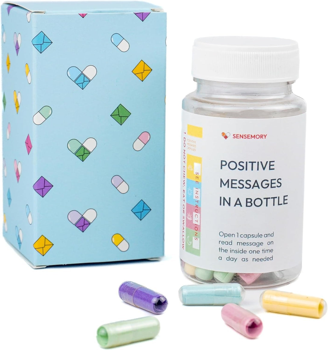 50 Positive Messages in a Bottle - Unique Stress Relief and Wellness Gifts for Men and Women - Desk Accessories for Meditation and Self Care - Xmas Gifts