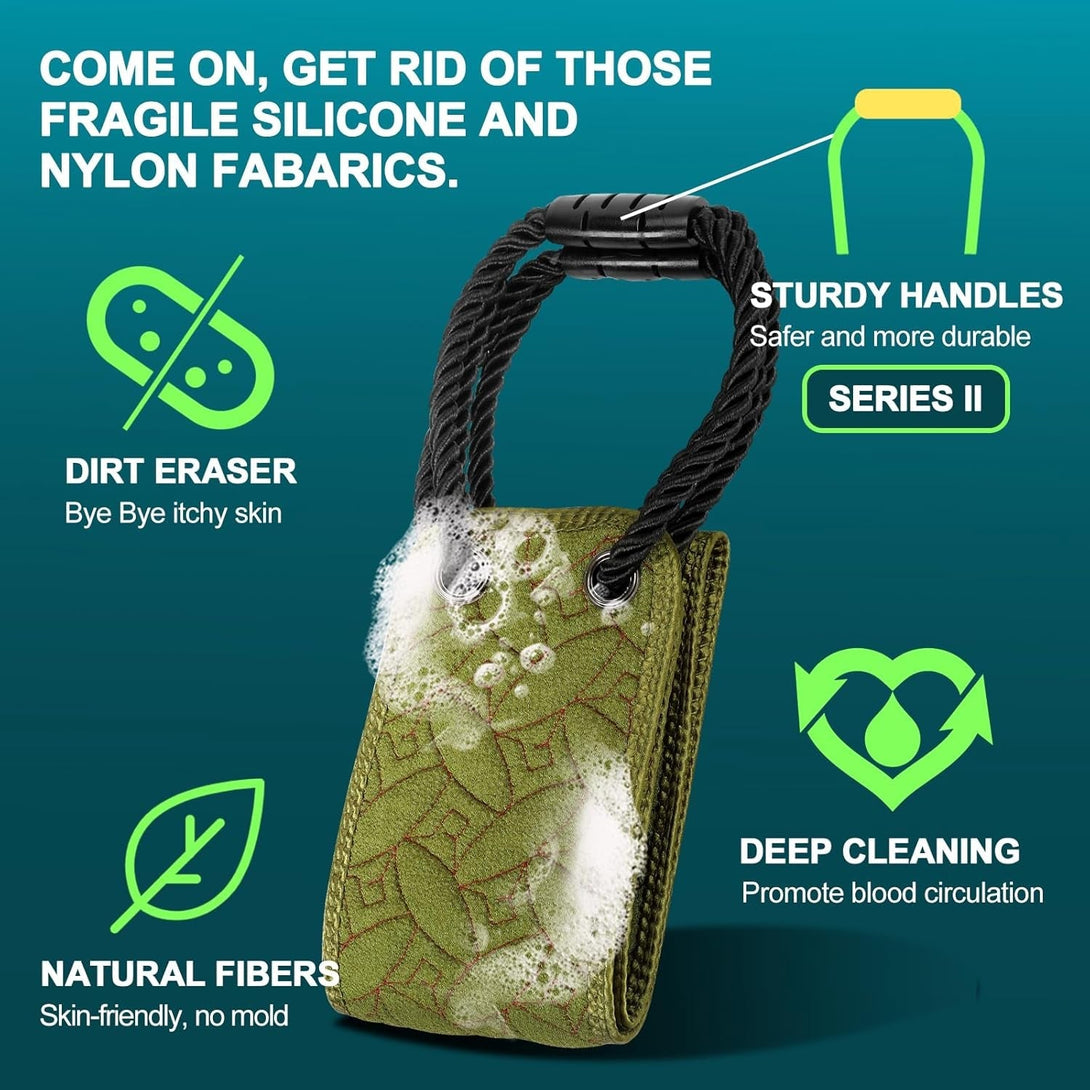 Exfoliating Back Scrubber for Use in Shower, 38.5 Inch Back Washer with Handles, Dual-Sided Body Exfoliator for Daily & Deep Skin Cleaning, Bath Back Scrub Washcloth for Men & Women (Green)