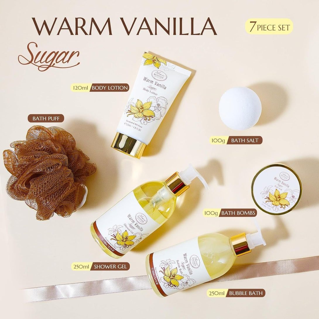 Bath and Body Warm Vanilla Sugar Spa Gifts for Women, with Shower Gel, Bubble Bath, Body Lotion, Bath Bomb, Bath Salt, Spa Basket Gift Set for Women, 7Pcs Set Gifts