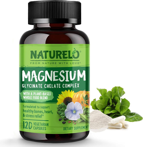 NATURELO Magnesium Glycinate Chelate Complex - 200 Mg Magnesium with Organic Vegetables to Support Sleep, Calm, Muscle Cramp & Stress Relief - Gluten Free, Non GMO - 120 Capsules