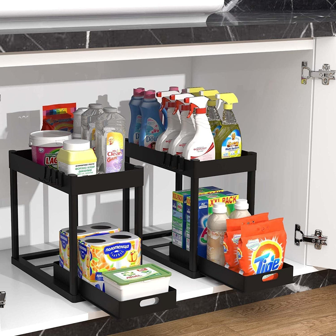 2PC under Sink Organizer Rack 2 Tier under Sliding Cabinet Basket Organizer Drawer with 4 Hooks, Multi-Purpose under Sink Storage for Bathroom Kitchen Desktop（Black）