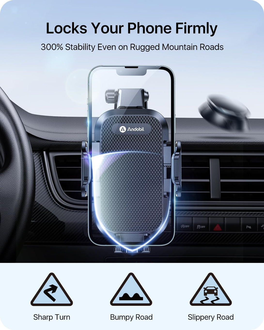Andobil Car Phone Holder Mount (Strong Suction&Bumpy Road Stable) Phone Holders for Your Car, Cell Phone Car Mount for Windshield Dash Vent Truck Cradle Stand for Iphone 16 15 Pro Max 14 13 12 Samsung