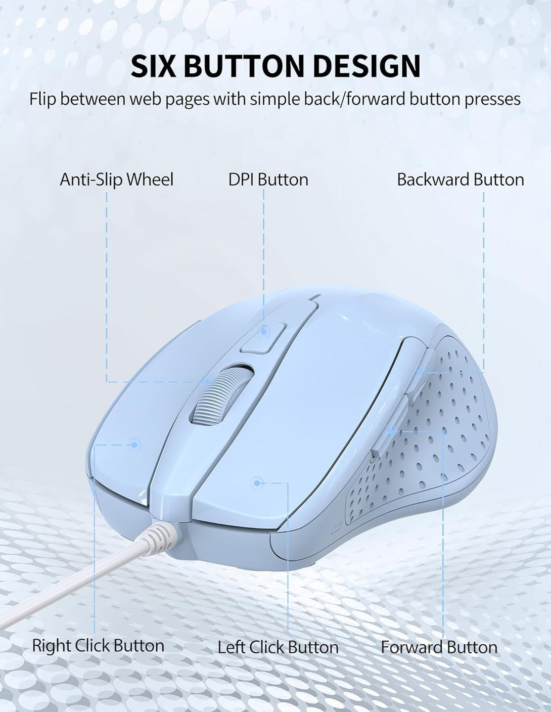 TECKNET Wired Mouse, 6-Button Corded with 4 Adjustable DPI, Optical Mouse with Ergonomic Design and 5FT Cord for Laptop, Chromebook, PC, Desktop, Mac, Notebook - Lt.Blue
