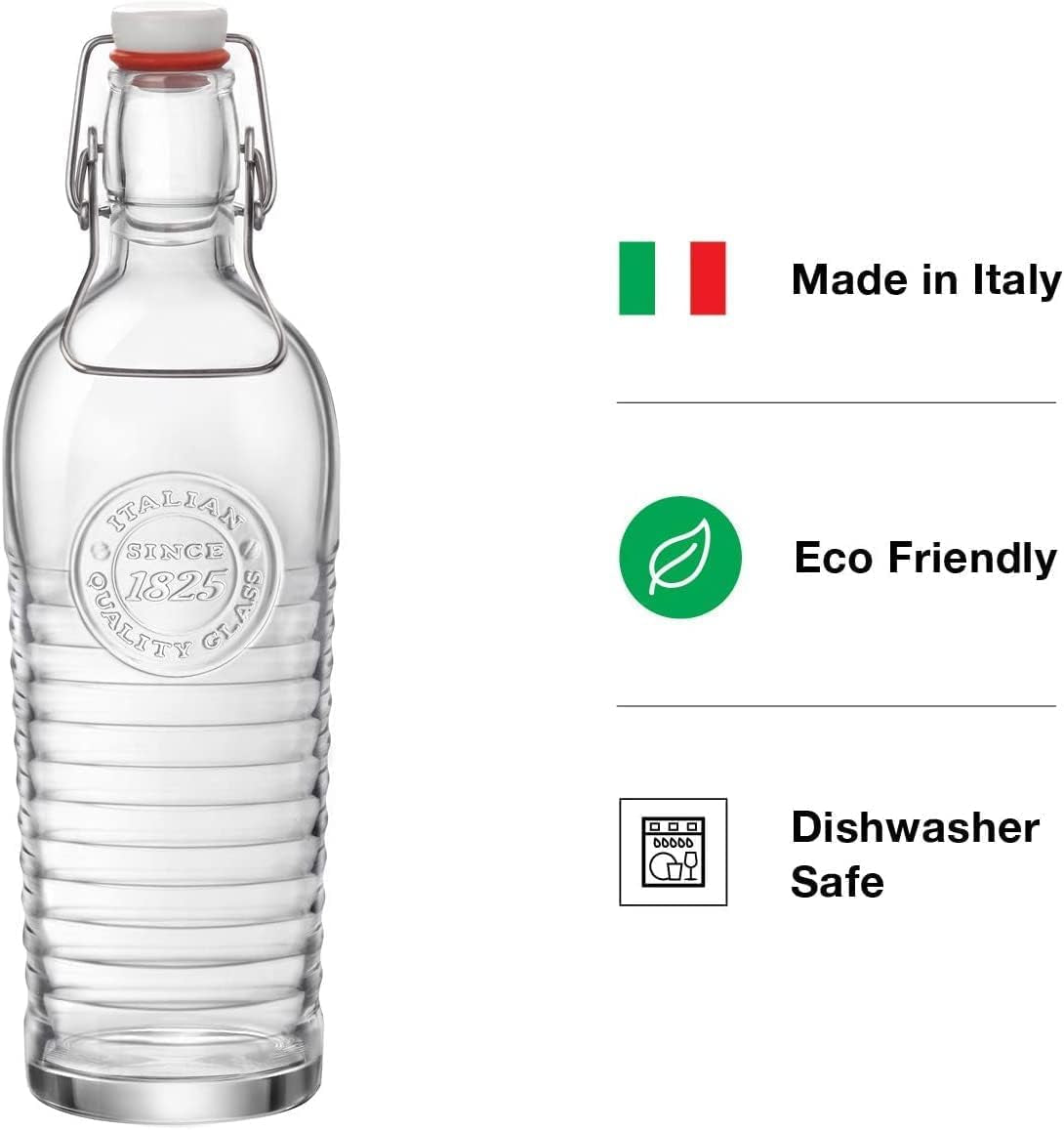 Bormioli Rocco Officina Water Bottle | 37.25 Oz, Italian Glass Pitcher | Airtight Seal & Metal Clamp | Easy to Carry Handle, Dishwasher Safe & Eco-Friendly | Safe for Infused & Carbonated Drinks