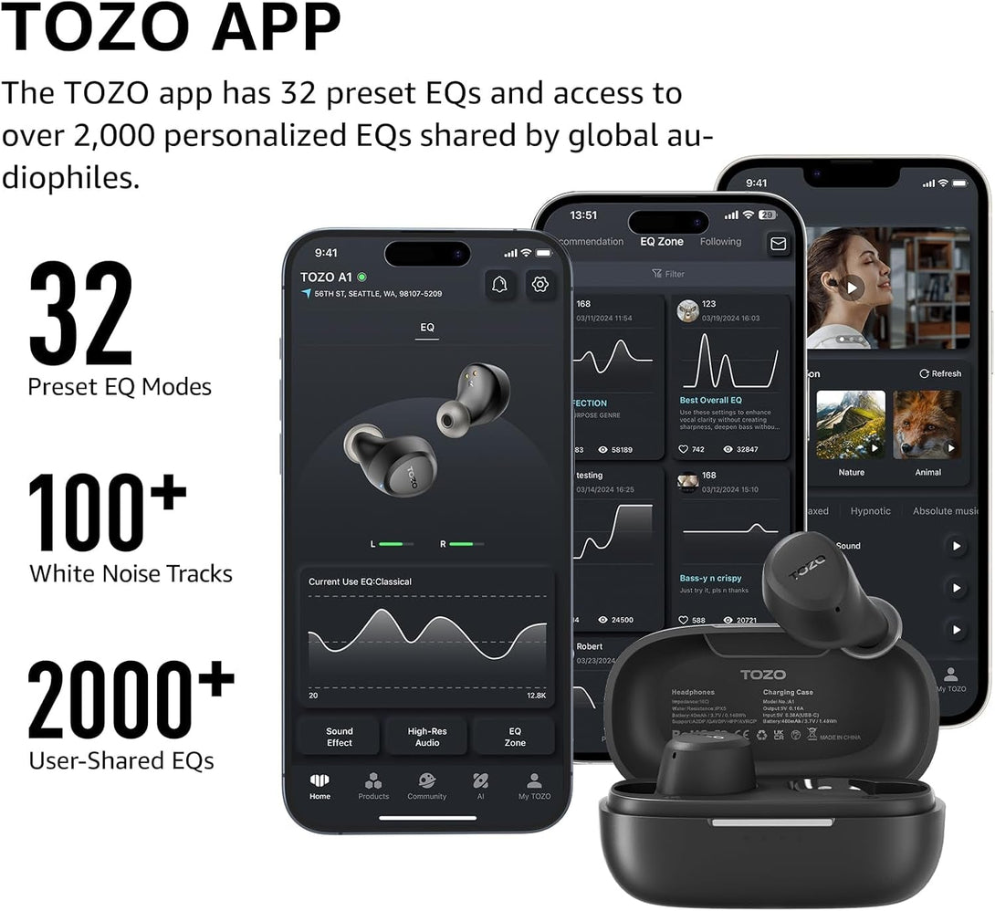 TOZO A1 Wireless Earbuds Bluetooth 5.3 Light Weight in Ear IPX5 Waterproof Headphones 2 Mic for AI Calls, Immersive Premium Sound Bass Headset with Charging Case, 32 Presets EQ Customization via App