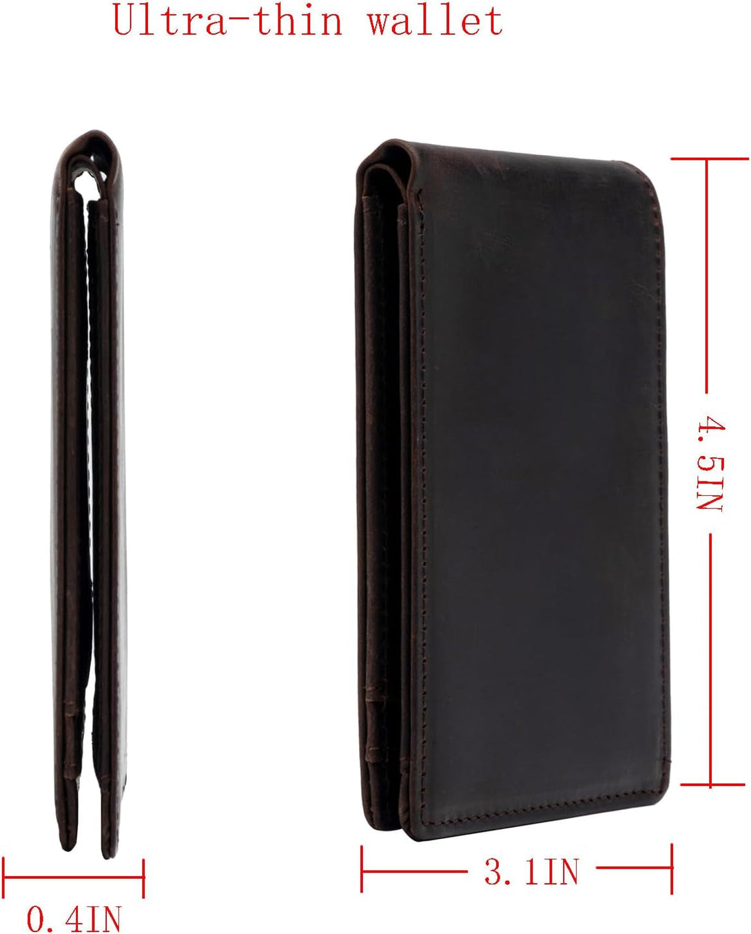Mens Bifold Crazy Horse Leather Wallet, Slim Minimalist RFID Blocking Genuine Leather Wallet for Men with ID Window and 8 Cards Slot（Dark Brown）