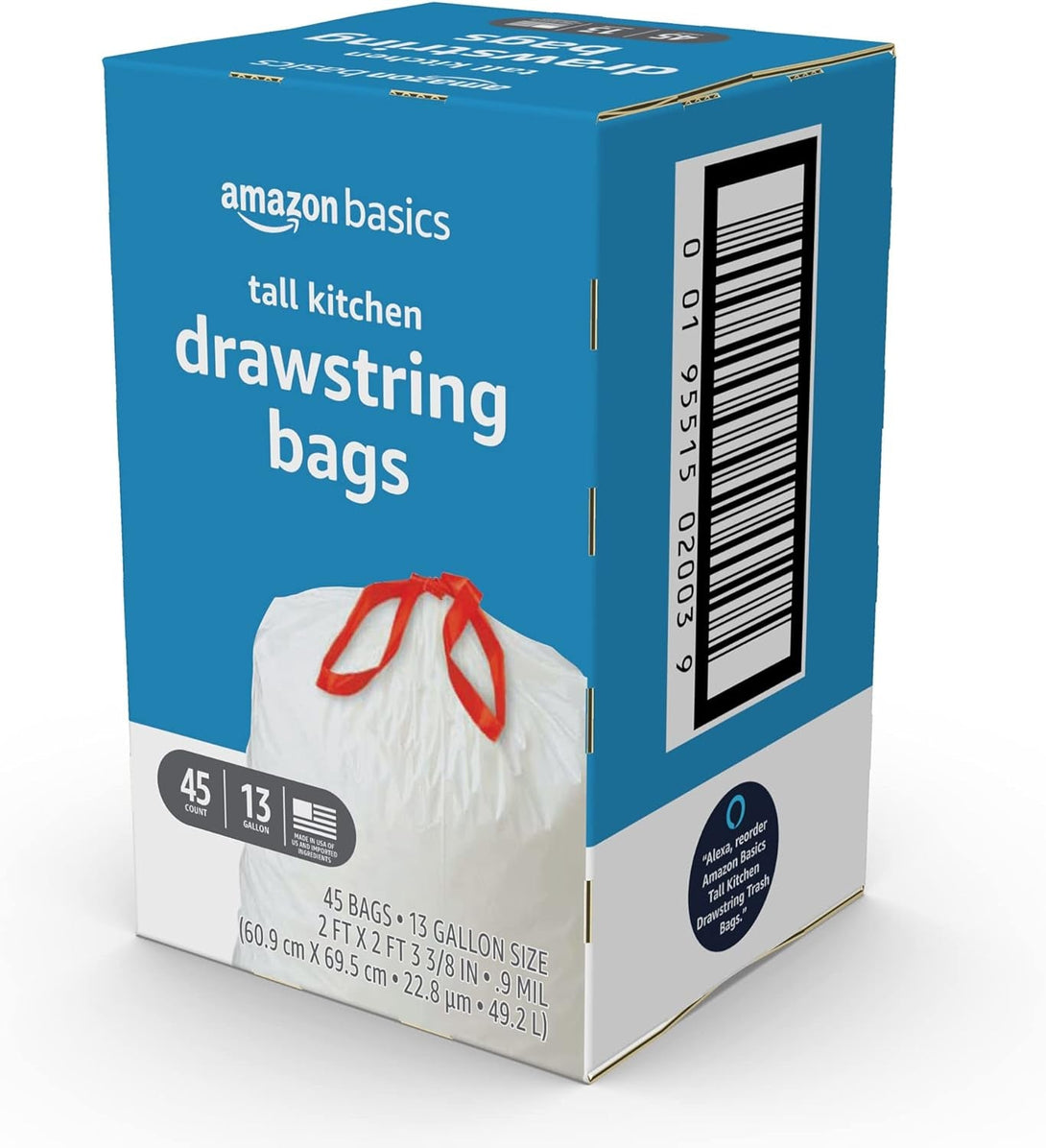Amazon Basics Trash Bags, Tall Kitchen Drawstring, Unscented, 13 Gallon, 45 Count, Pack of 1
