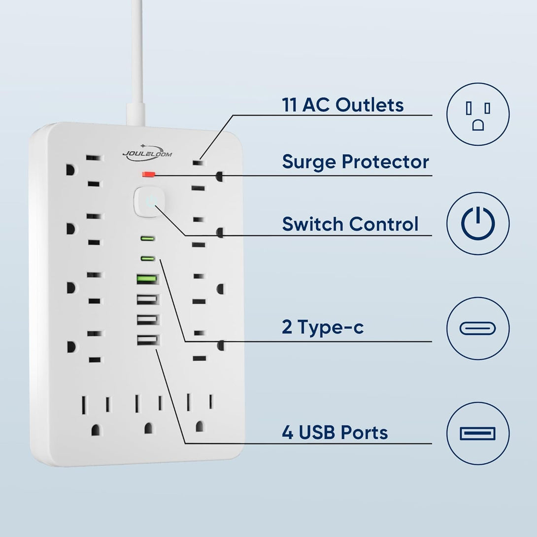 6 FT Flat Plug Surge Protector Power Strip,11 Multiple AC Outlets with 6 USB Ports (2 USB C), 6 Feet Extension Cord, 1250W/10A, One Touch Switch Button, 17 in 1 Compact Powerstrip-White