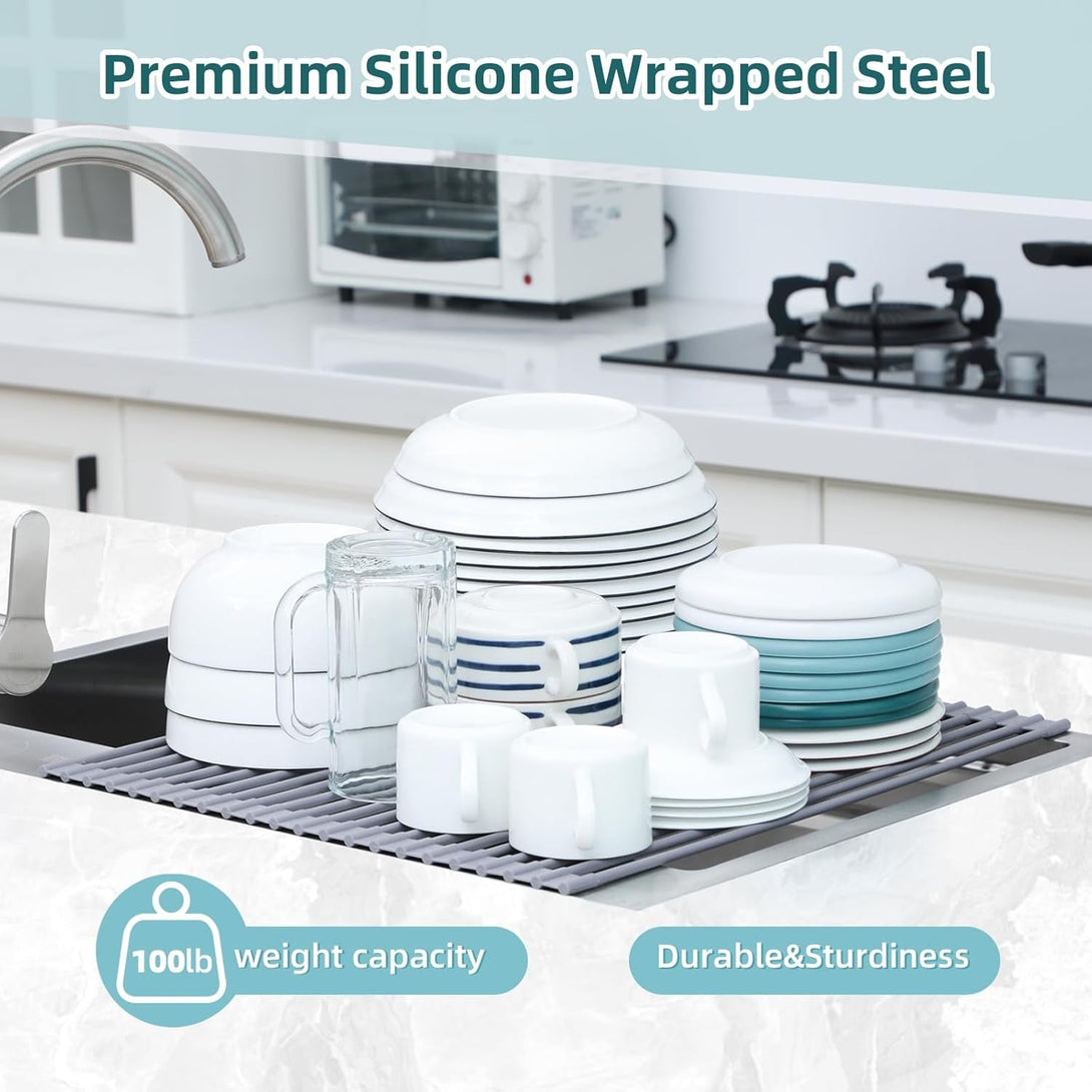 Ohuhu over Sink Dish Drying Rack, Silicone Wrapped 17.6" W X 15.4" L Large over the Sink Roll up Dish Drainer - Foldable Sink Drying Rack Rolling Drain Mats Anti-Slip Multipurpose for Kitchen Counter