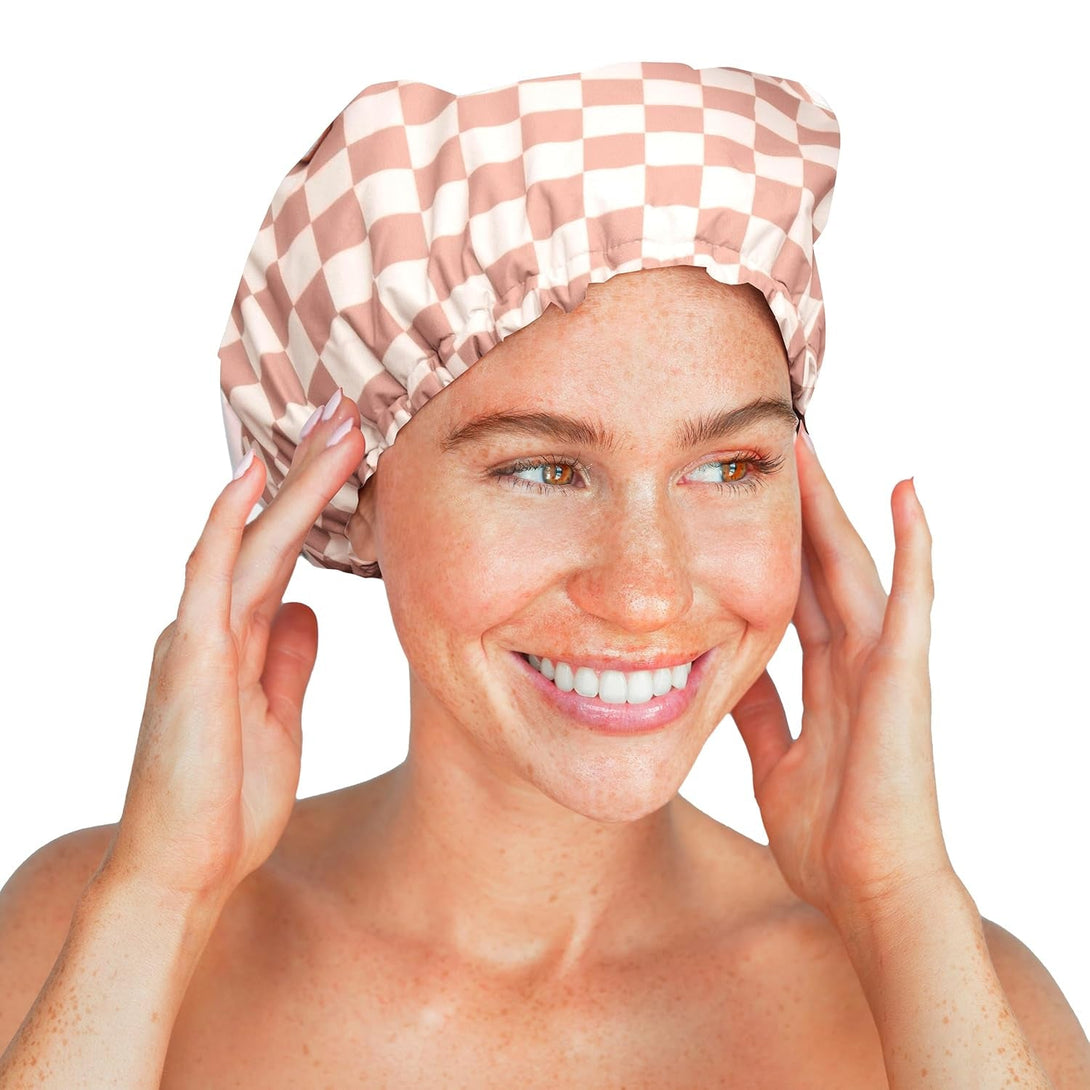 Kitsch Luxury Shower Caps for Women Reusable Waterproof - Flexi Satin Lined, Large Shower Cap for Men, Non-Slip, Quick-Dry, Adjustable, Stylish Hair Cap for Long & Short Hair - Terracotta Checker