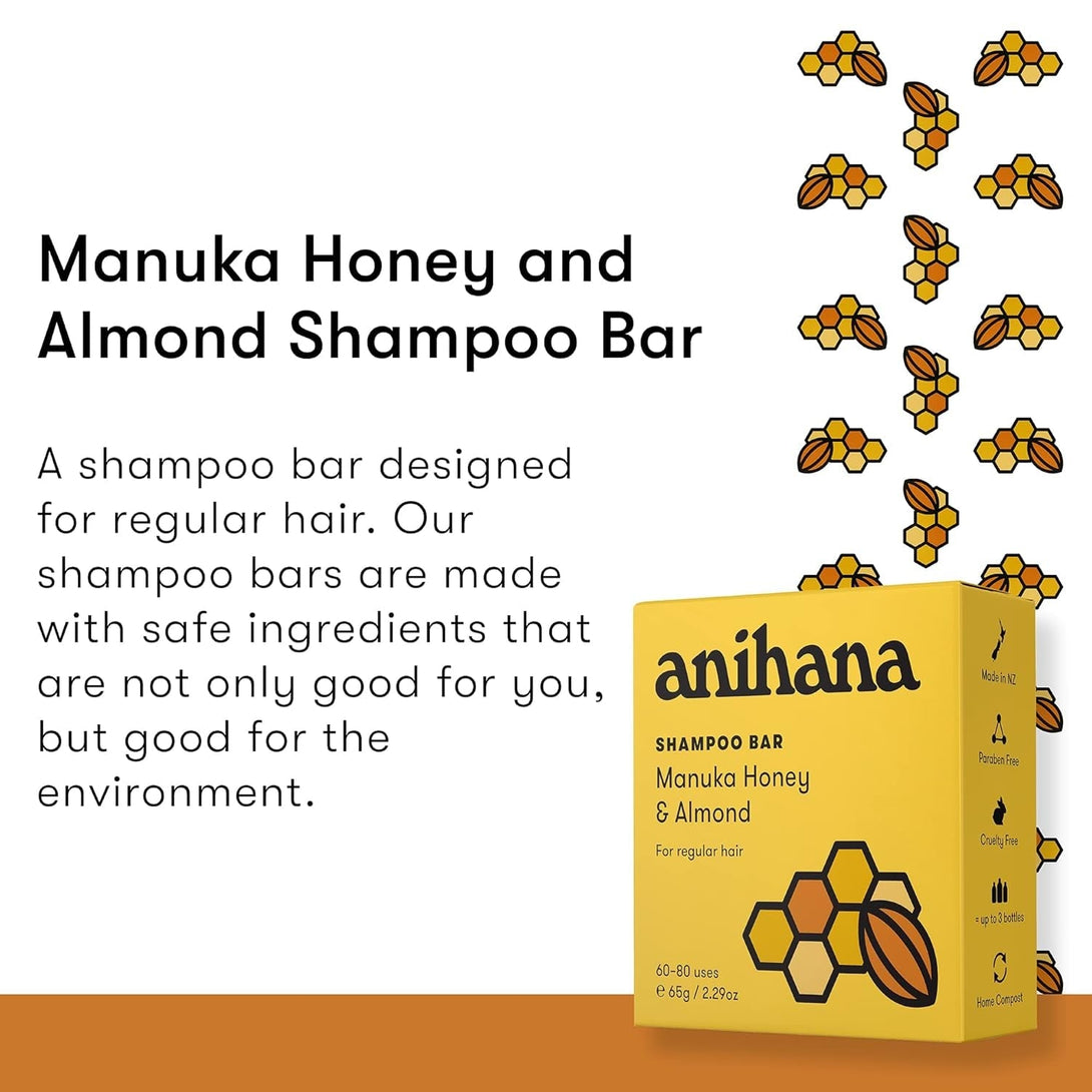 ANIHANA Shampoo Bar for Regular Normal Hair Clean Purifying Natural Healthy Look and Shine Paraben Free Manuka Honey and Almond 2.29 Oz