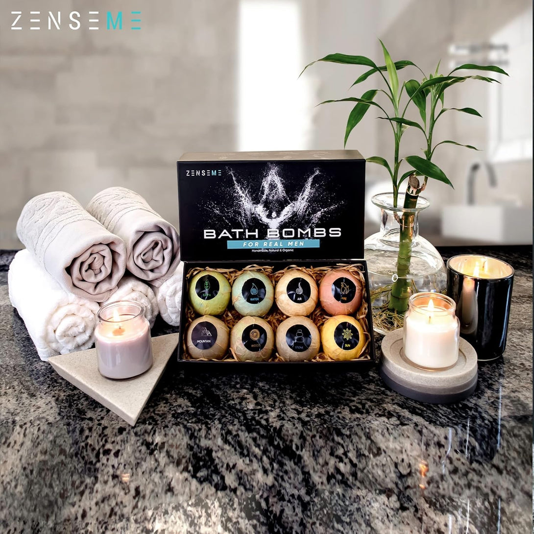 Bath Bombs for Men, Gift Set of 8 Scented Organic Handmade Bath Bombs of 2.5 Oz with Natural Essential Oils for Boyfriend, Husband, Father or Friend, by Zenseme
