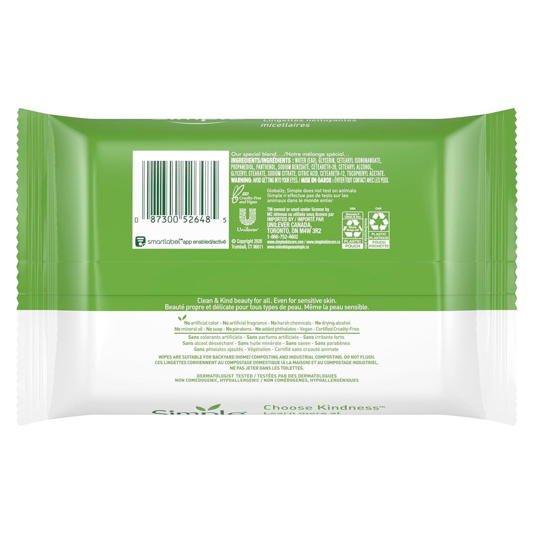 Simple Kind to Skin Cleansing Wipes Micellar Gentle and Effective Makeup Remover Free from Color and Dye, Artificial Perfume and Harsh Chemicals 25 Wipes