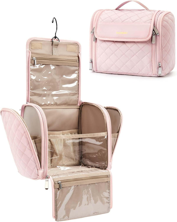 BAGSMART Makeup Bag for Women with Hanging Hook, Large Portable Capacity Water-Resistant Organizer Travel Case for Toiletries and Cosmetics, Pink