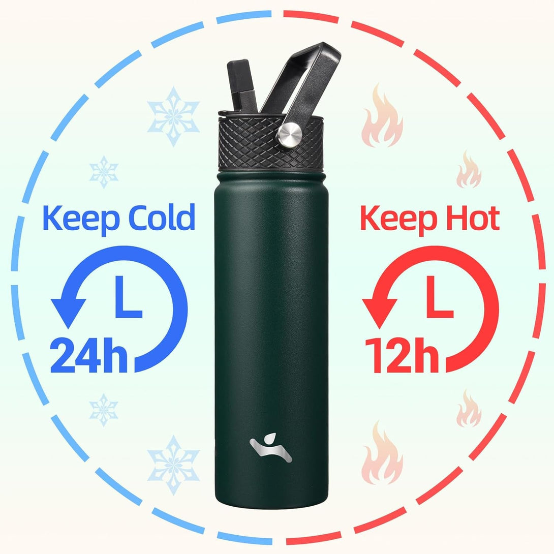 22Oz Stainless Steel Bottles with 3 Lids Sport Insulated Water Bottle,Army Green