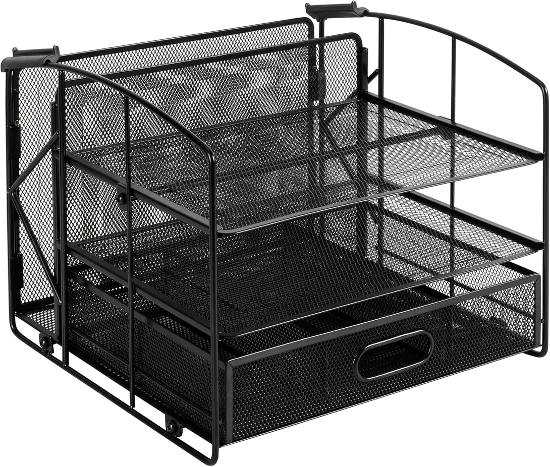 Amazon Basics Rectangular Desk Organizer 3 Tray W/Sliding Drawer and Hanging File Holder, Black