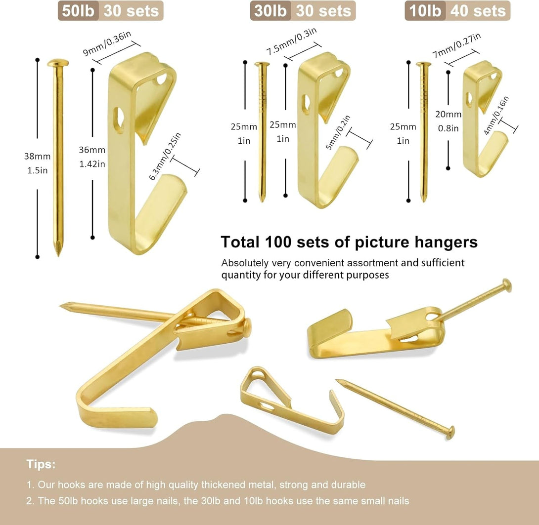200 Pieces Picture Hangers, 3 Sizes Picture Hanging Kit Including 10Lb/30Lb/50Lb Picture Hanging Hooks, Heavy Duty Picture Hooks with Nails for Drywall Wooden Wall (Gold)