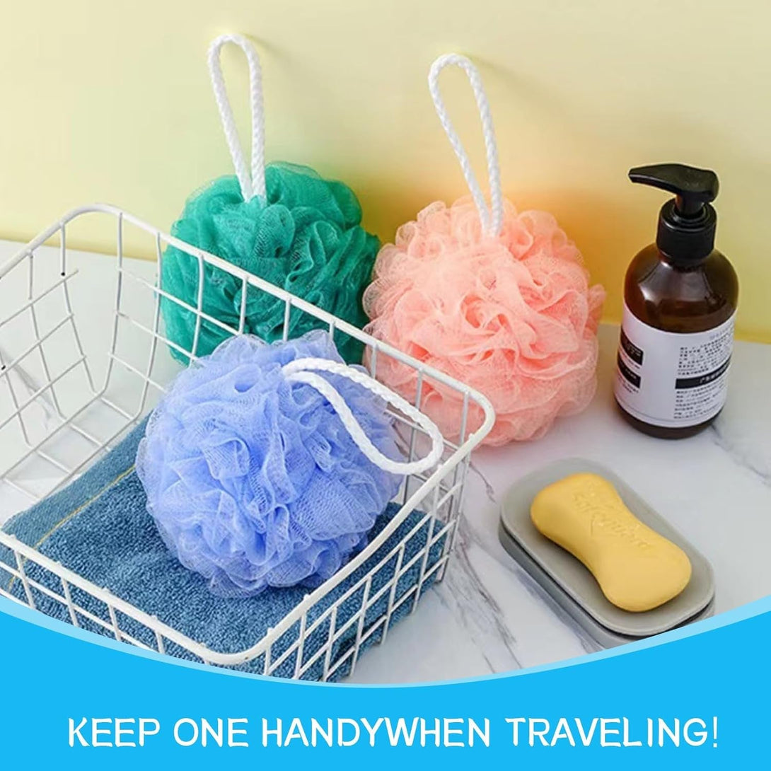 Loofah Sponge Shower Loofahs Bath Sponges Mesh Balls for Women Men Bathing Accessories Body Wash Back Scrubber 50G 4 Colors Soft Pouf Body Scrubber Loofahs Puff Pack, Exfoliate, Cleanse, Soothe Skin.